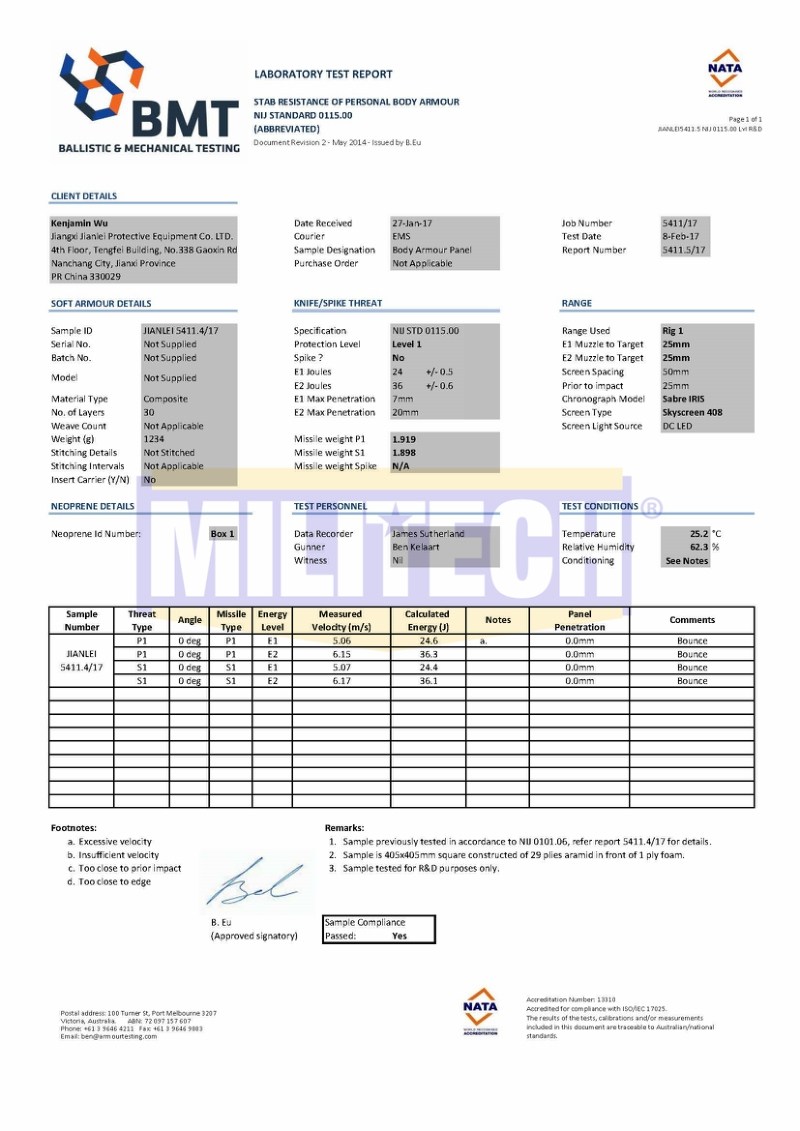 Bulletproof Vest BMT Stab Resistant NIJ Level 1 0115.00 Report